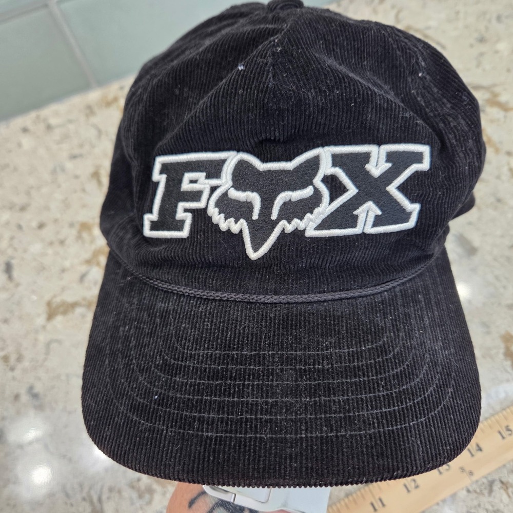 Fox Racing Black Corduroy Snapback Hat Embroidered Logo Rope Detail OSFA Cap‎